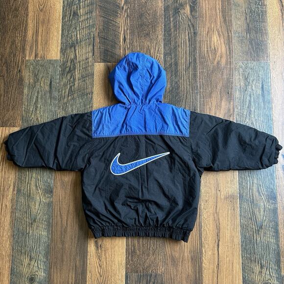 Vtg 90s Nike Windbreaker Pullover Jacket Small Black Blue Big Swoosh Logo Kids S - Picture 1 of 16